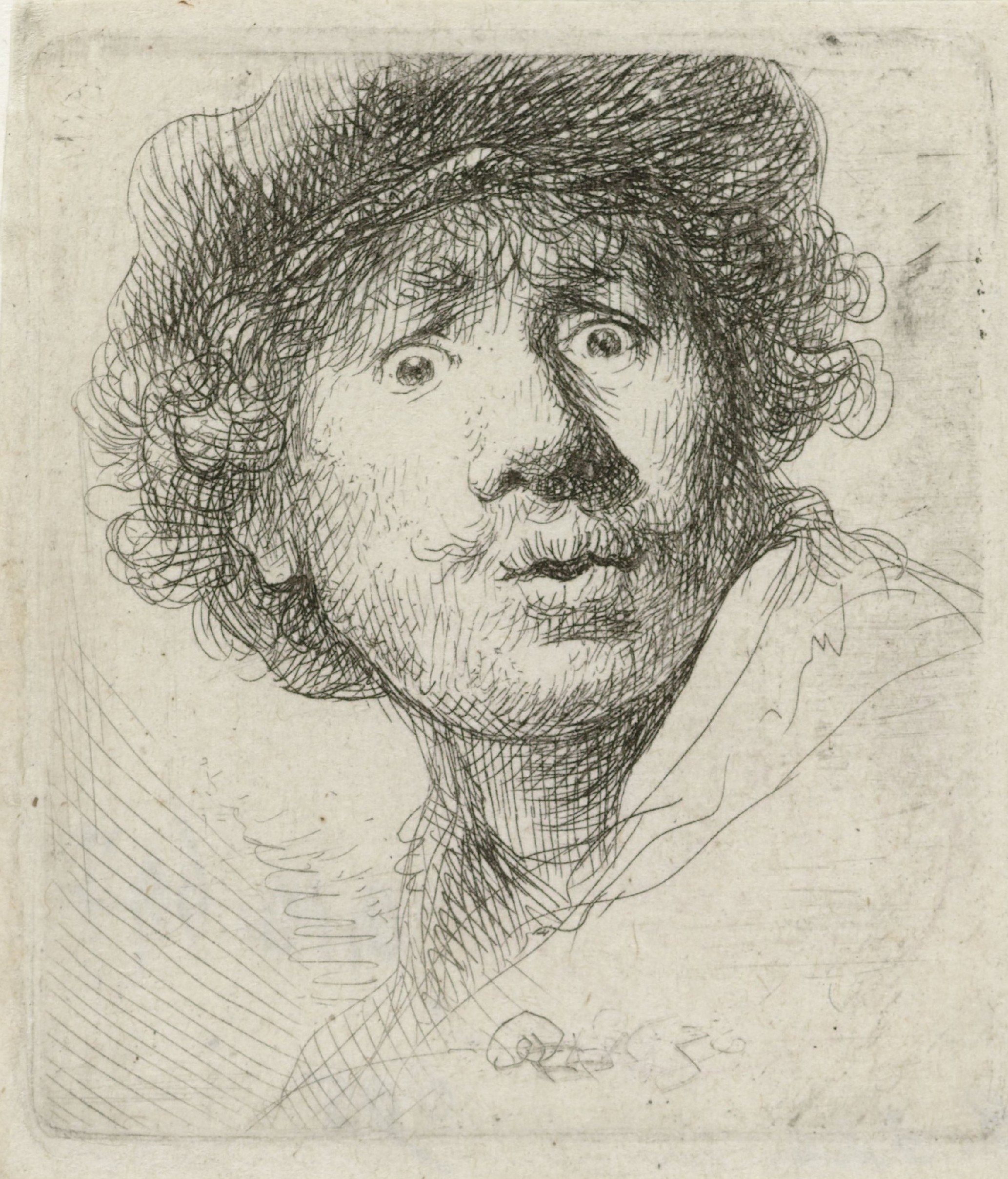 Self-portrait in a Cap, Wide-eyed and Open-mouthed, Rembrandt van Rijn