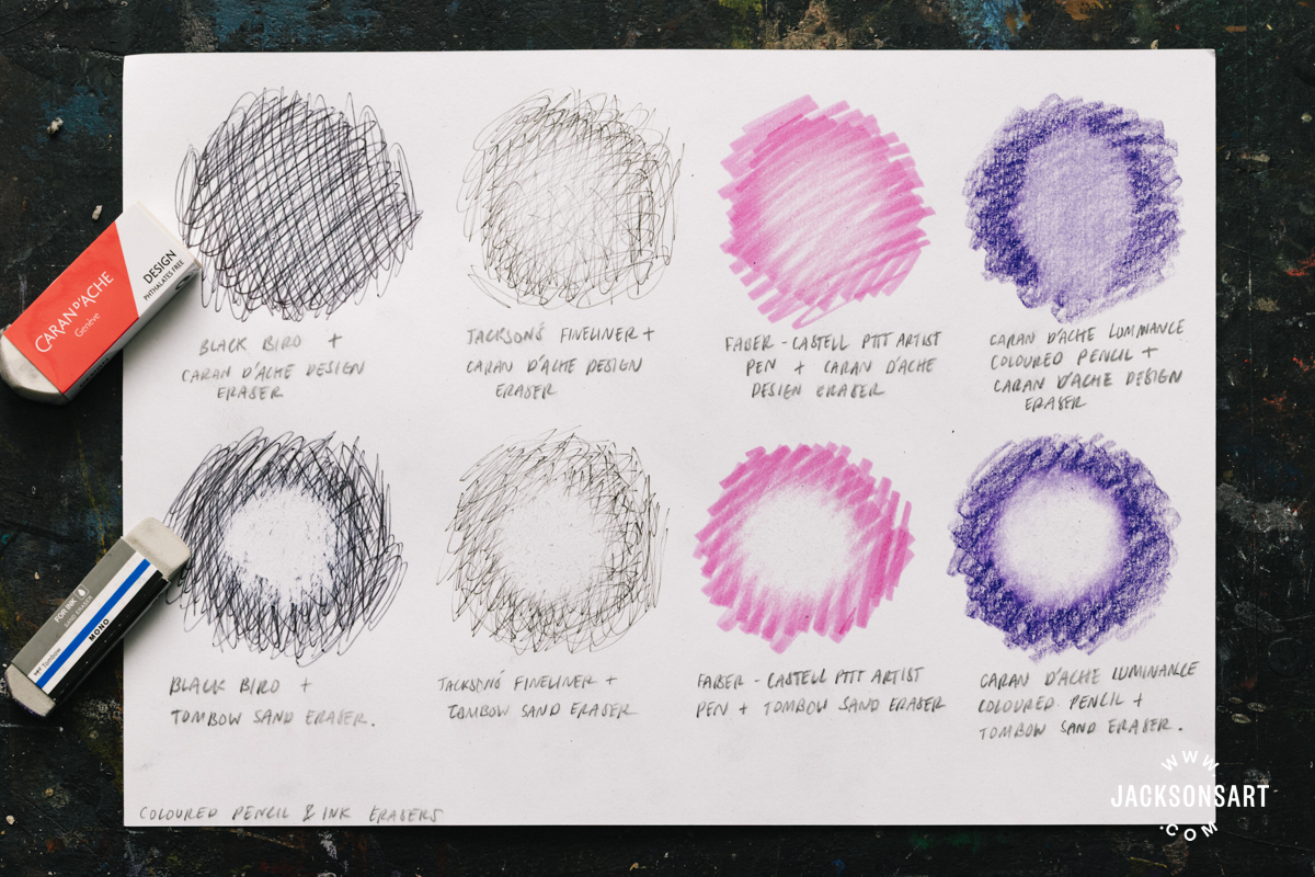 Erasing pen and coloured pencils