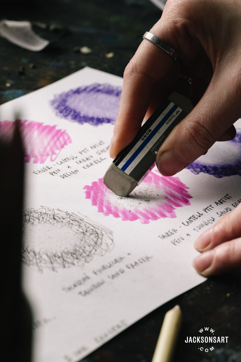 Erasing pen and coloured pencils