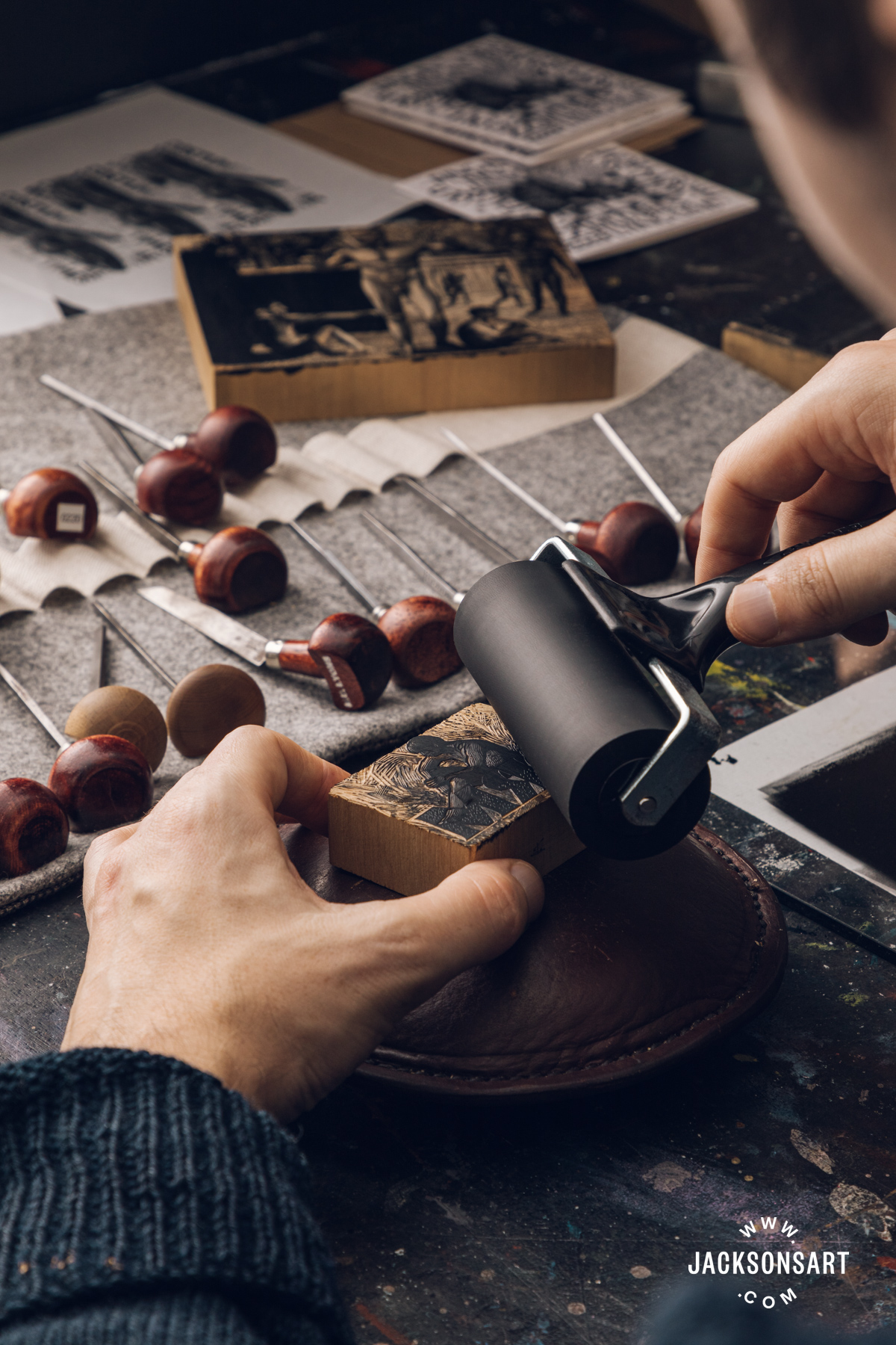 Inking the wood engraving block