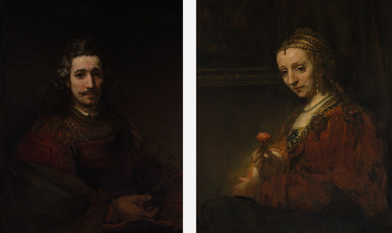 Rembrandt van Rijn, Man with a Magnifying Glass and Woman with a Pink, early 1600s