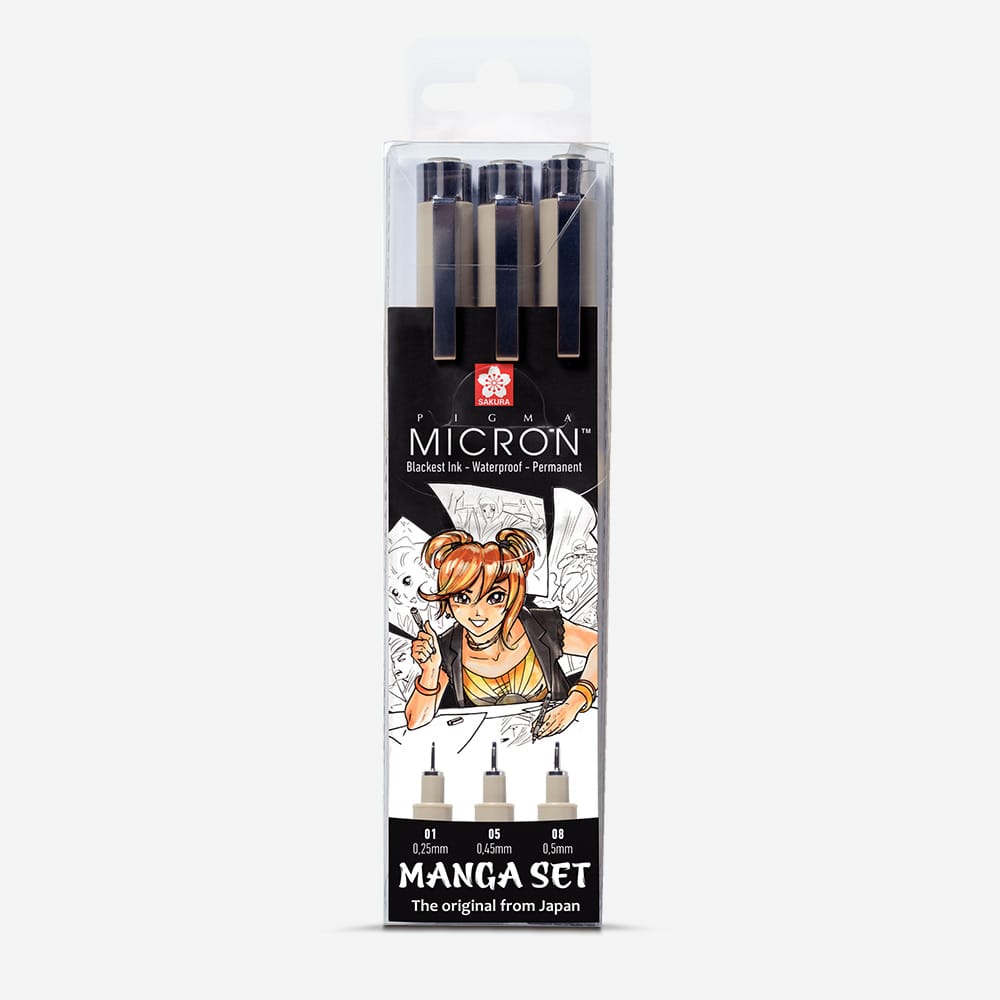 Sakura Pigma Manga Drawing Set - 6 Black Pens (Fineliners, Brush, Graphic) & Mechanical Pencil
