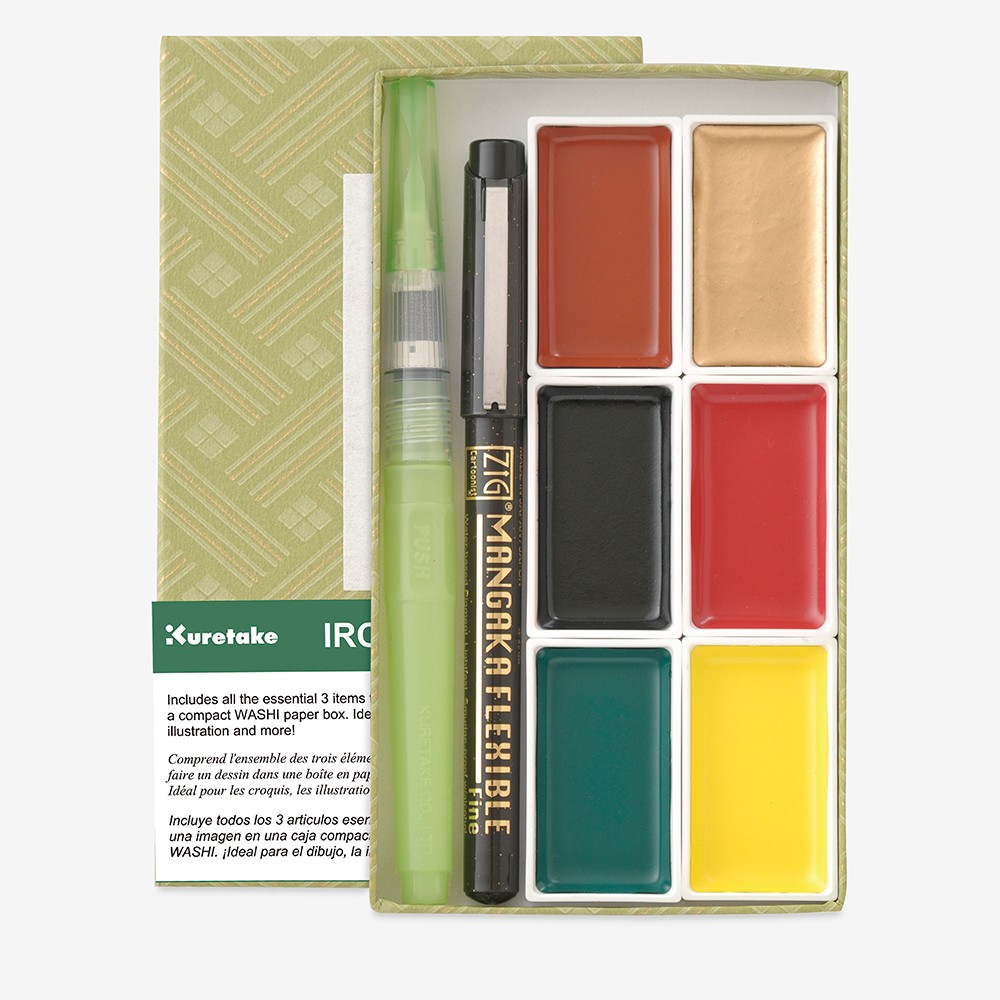 Kuretake : Irodori Kobako Green : Set of 6 Gansai Tambi Watercolour Pans and 2 Pens