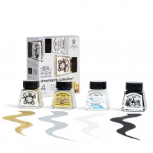 Winsor & Newton : Drawing Ink : 14ml : Black, White and Metallic Tones Collection : Set of 4