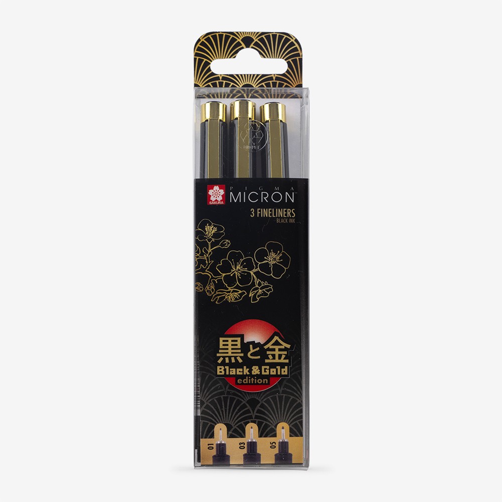 Sakura : Pigma : Micron Pen : Wallet : Black & Gold Limited Edition : Set of 3