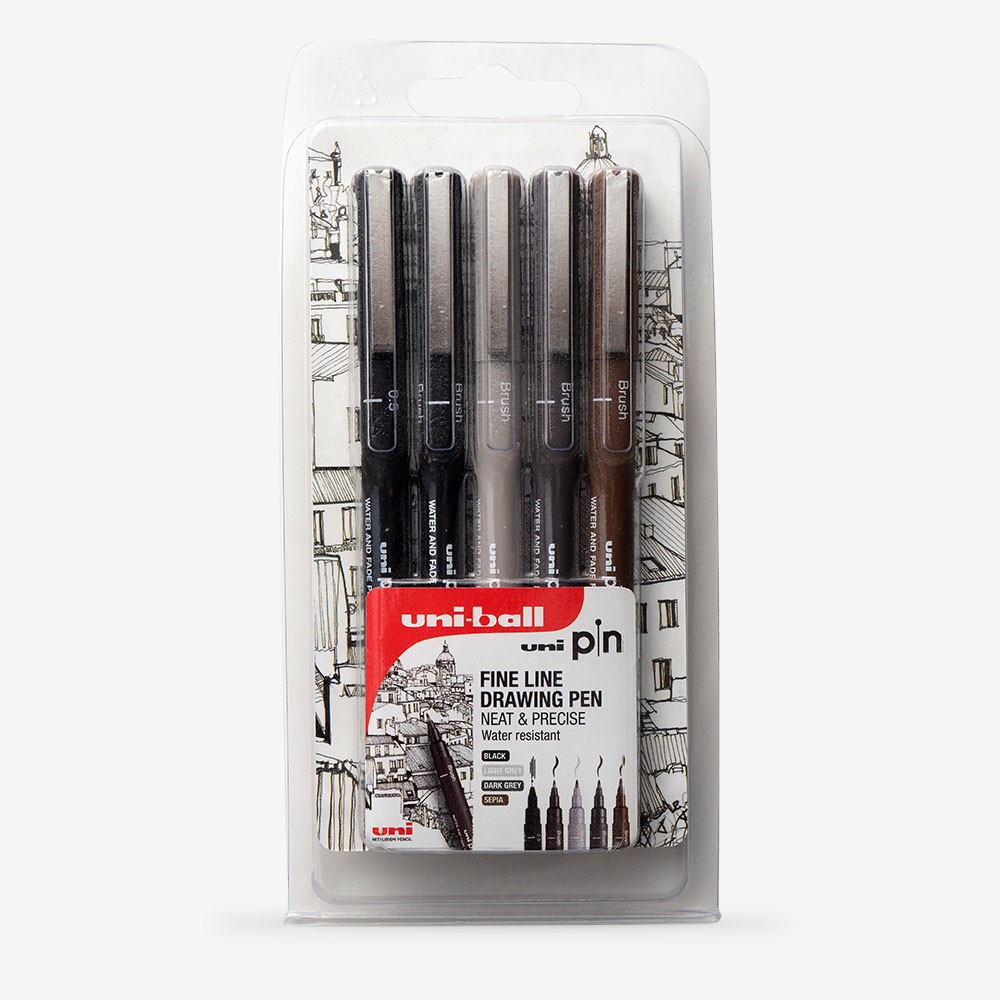 Uni : Pin Waterproof Lightfast Drawing Pen : Set of 5 : Assorted Colours