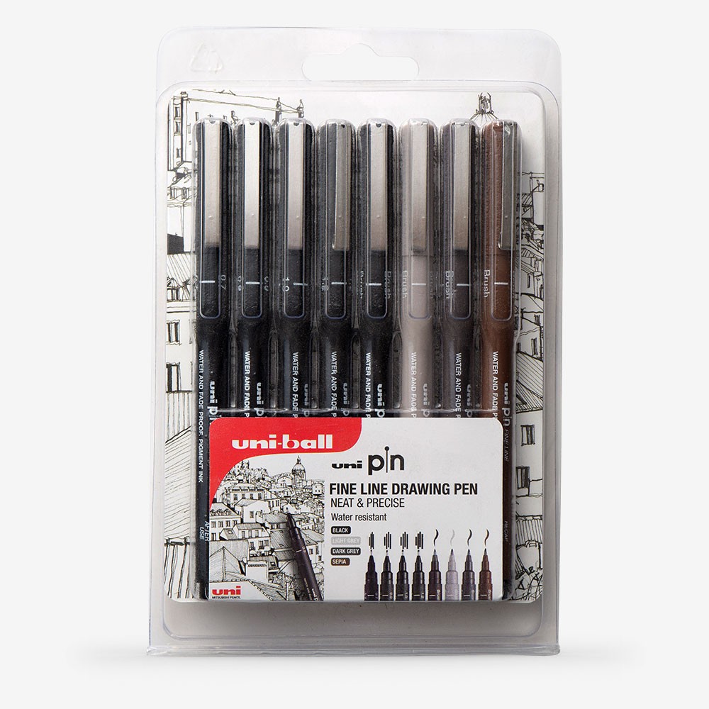 Uni : Pin Waterproof Lightfast Drawing Pen : Set of 8 : Assorted Colours