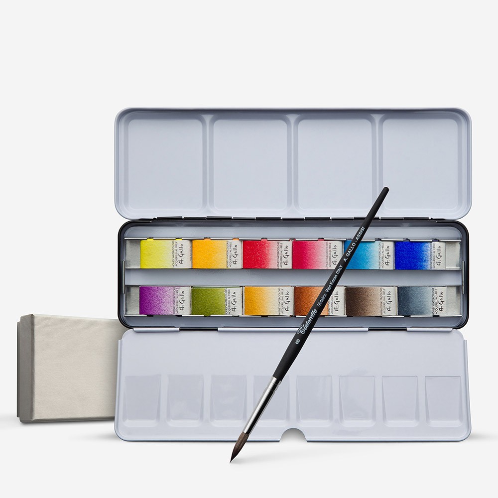A. Gallo : Handmade Watercolour Paint : Classic Set : Metal Tin : 12 Full Pans with Brush in a Gift Box