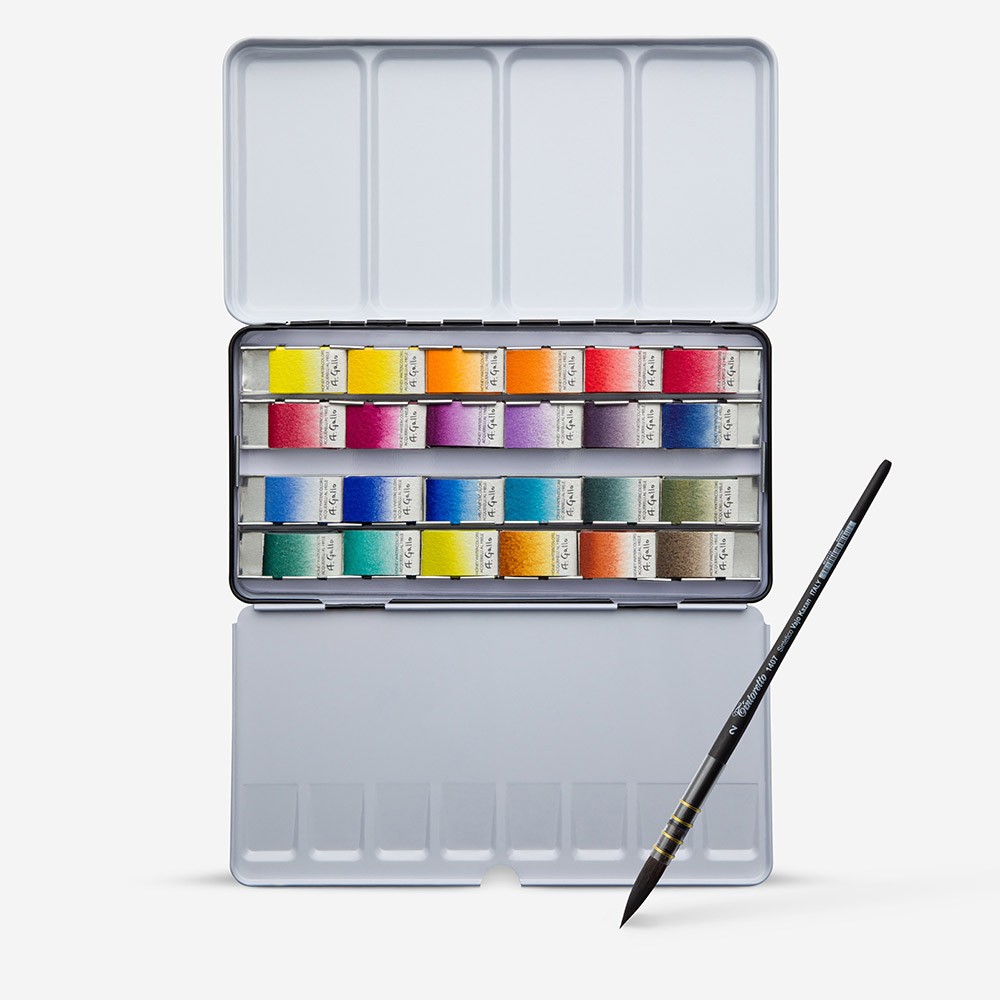 A. Gallo : Handmade Watercolour Paint : Signature Set : Metal Tin : 24 Full Pans with Brush in a Gift Box