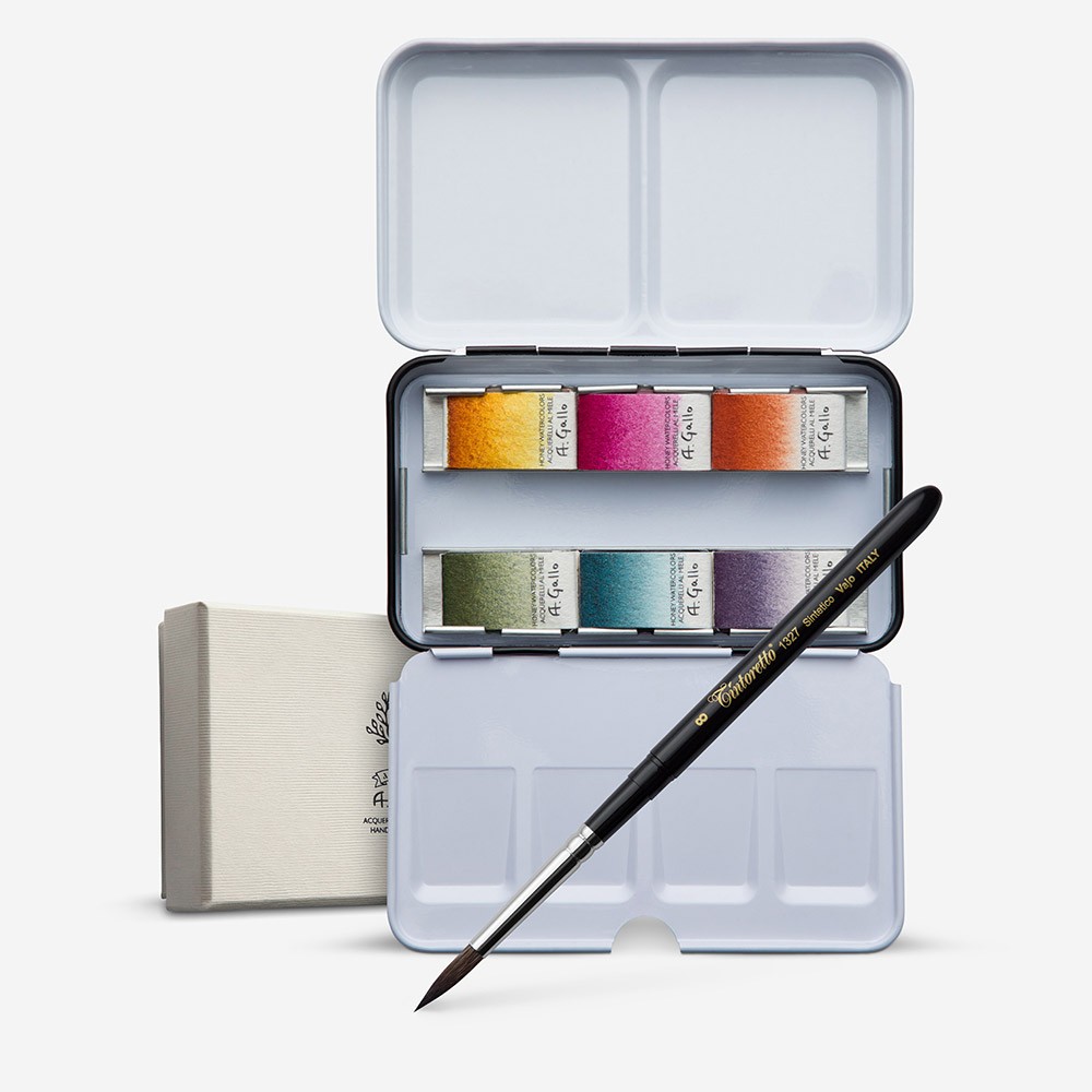 A. Gallo : Handmade Watercolour Paint : Signature Set : Metal Tin : 6 Full Pans with Brush in a Gift Box