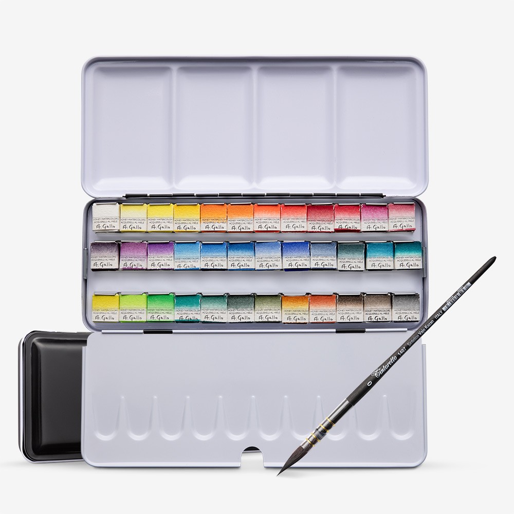 A. Gallo : Handmade Watercolour Paint : Signature Set : Metal Tin : 36 Half Pans with brush in a linen bag