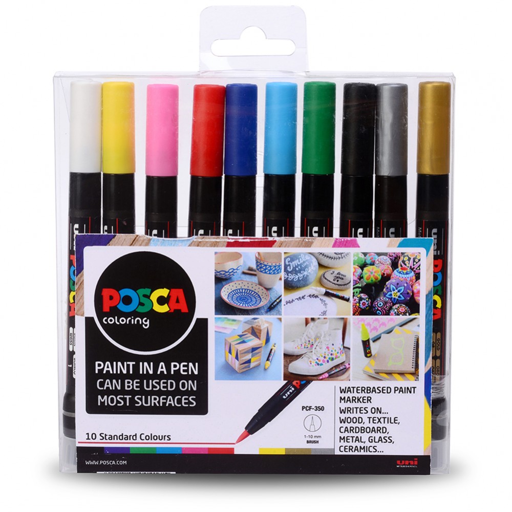 Uni : Posca Marker : PCF-350 : Brush Tip : Assorted Colours Set of 10