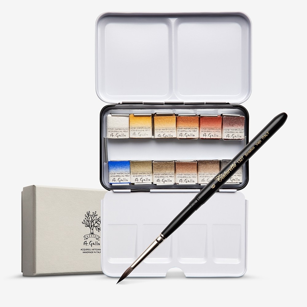 A. Gallo : Handmade Watercolour Paint : Sinopia Palette : Metal Tin 12 Half Pans with Brush in a gift box
