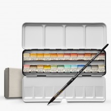 A. Gallo : Handmade Watercolour Paint : Naturale 24 Set : Metal Tin : 24 Half Pans with Brush in a gift box
