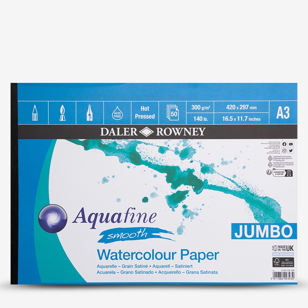 Daler Rowney : Aquafine Watercolour Pad : 300gsm : A3 : Jumbo : 50 sheets : Hot Pressed