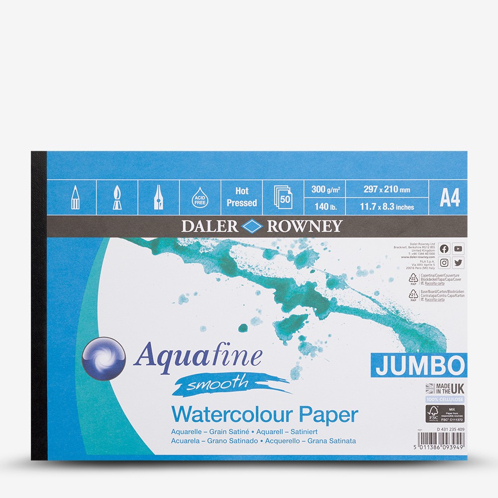 Daler Rowney : Aquafine Watercolour Pad : 300gsm : A4 : Jumbo : 50 sheets : Hot Pressed