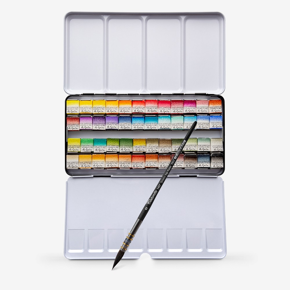A. Gallo : Handmade Watercolour Paint : Collection 48 Set : Metal Tin : 48 Half Pans with Brush in Handmade Linen Bag