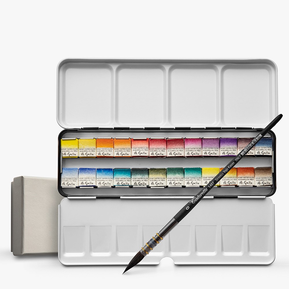 A. Gallo : Handmade Watercolour Paint : Signature 24 Set with Yln Min Blue : Metal Tin : 24 Half Pans with Brush in a gift box