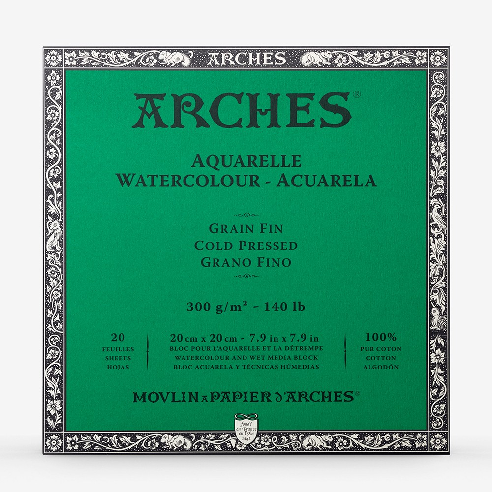 Arches : Aquarelle : Block : 140lb : 300gsm : 7.9x7.9in : 20x20cm : 20 Sheets : Glued : Not