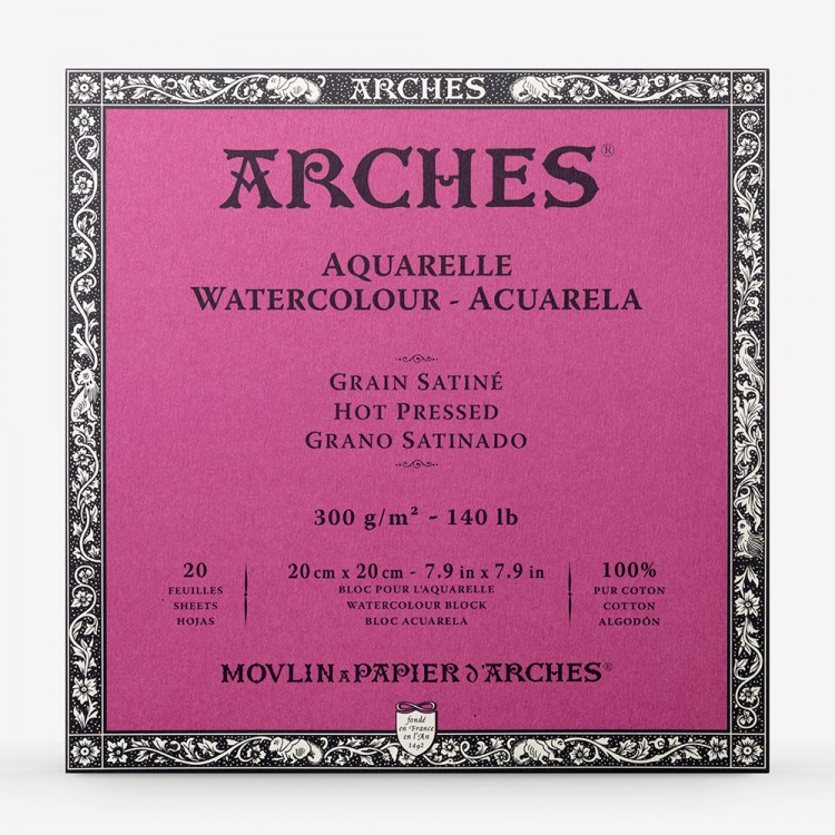 Arches : Aquarelle : Block : 140lb : 300gsm : 7.9x7.9in : 20x20cm : 20 Sheets : Glued : Hot Pressed