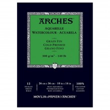 Arches : Aquarelle : Bloc Papier Encollé: 26x36cm : 12 Feuilles : Grain Fin