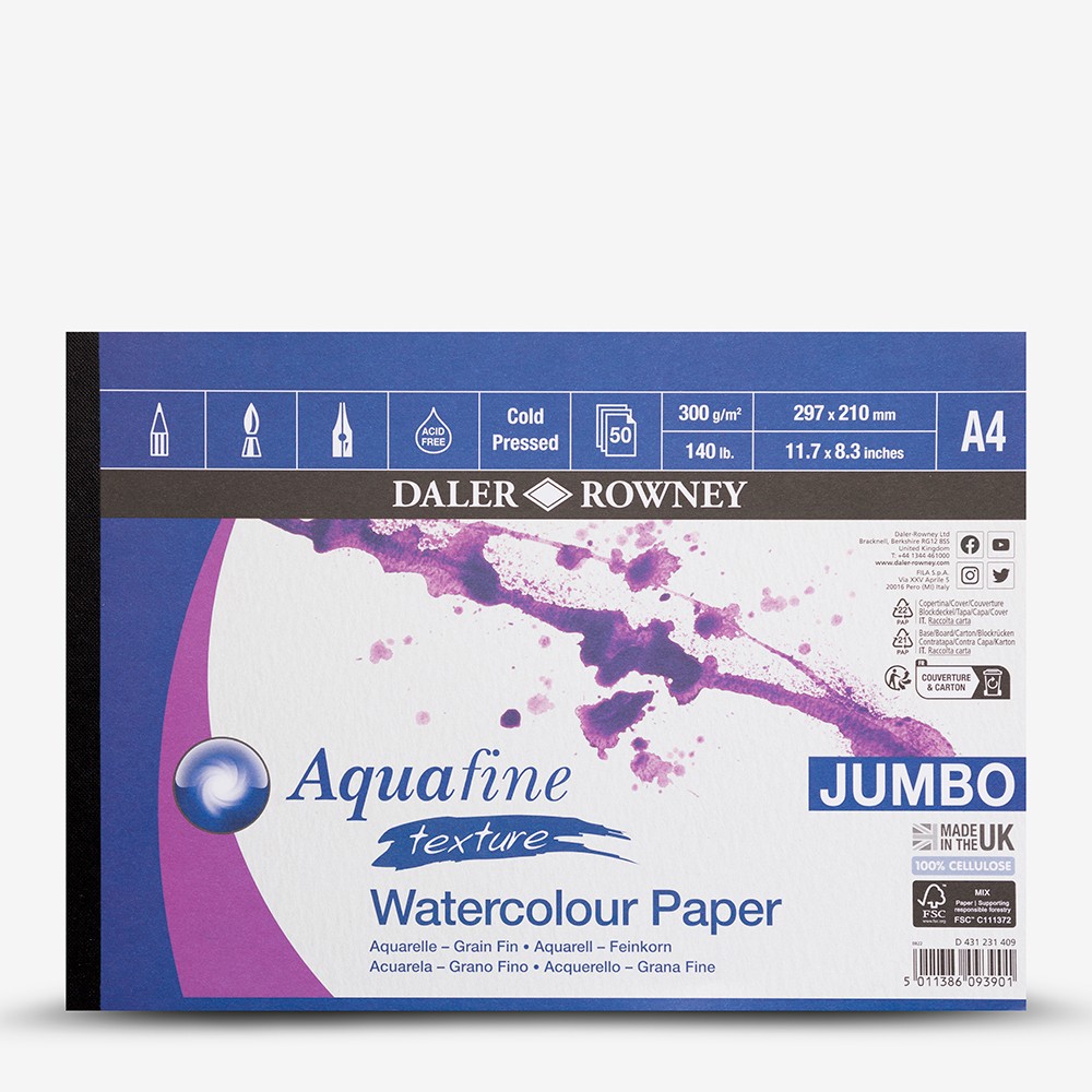 Daler Rowney : Aquafine Watercolour Pad : 300gsm : A4 : Jumbo : 50 sheets : Cold Pressed : Not