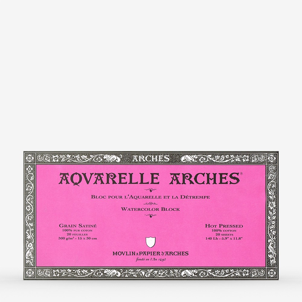 Arches : Aquarelle : Block : 6x12in (Apx.15x30cm) : 20 sheets : 140lb : 300gsm Glued : Hot Pressed