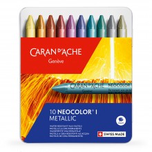 Caran Dache NEOCOLOR I: 10 lápices de colores metálicos cera: caja de Metal (no solubles en agua)