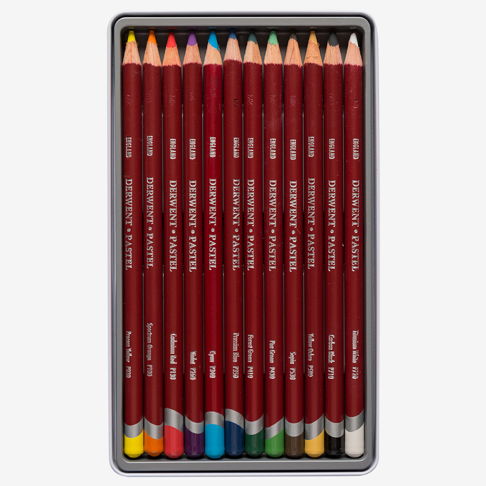 New In Box Tin Derwent Pastel Pencils 12 Woodcased Pastels Made In UK - Foto 6