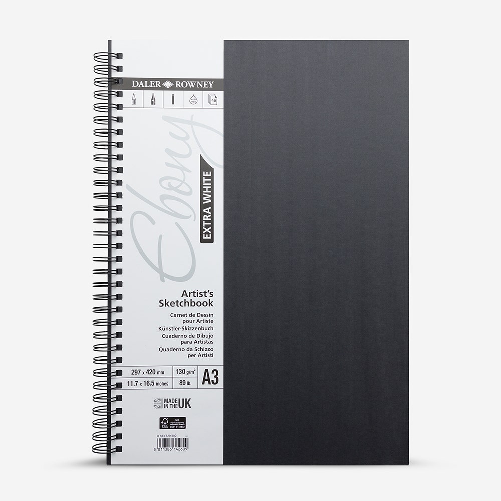 Daler-Rowney : Ebony : Extra White : Spiral : 130gsm : Portrait : 46 Sheets : A3