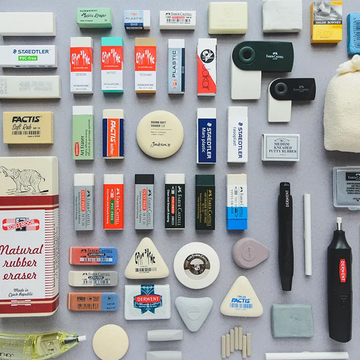 Different erasers and rubbers on a table