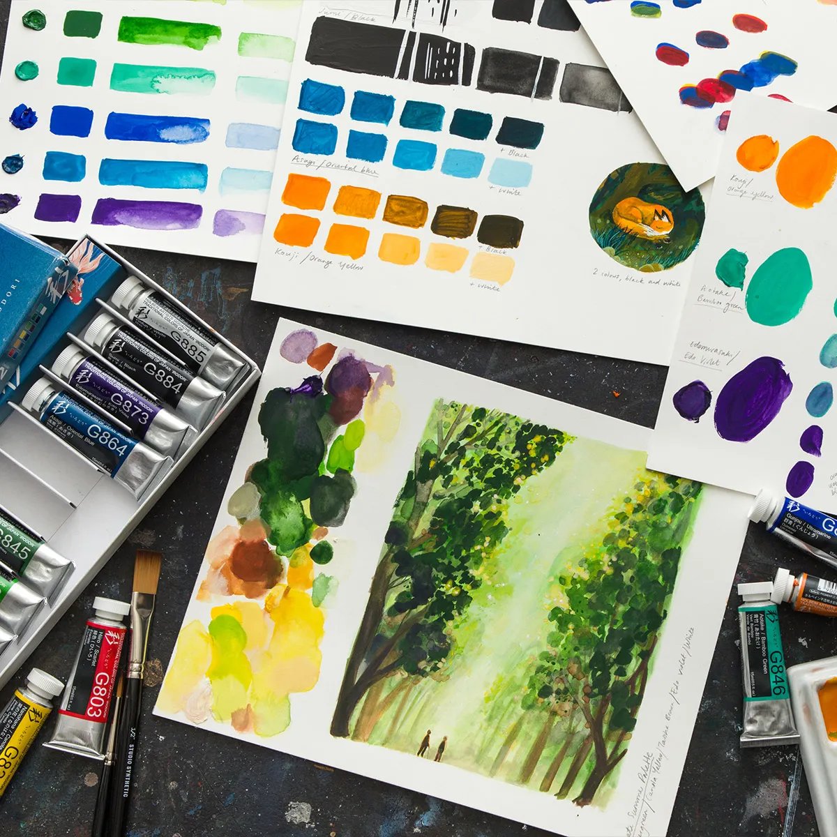 Holbein Artists Gouache Irodori Summer Collection, Frances Ives artwork surrounded by colour swatches
