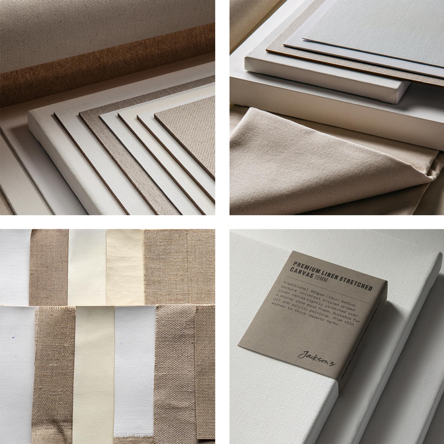 A guide to canvas | Jackson's Art A series of photographs of different canvases: canvas swatches, canvas rolls, stretched canvas