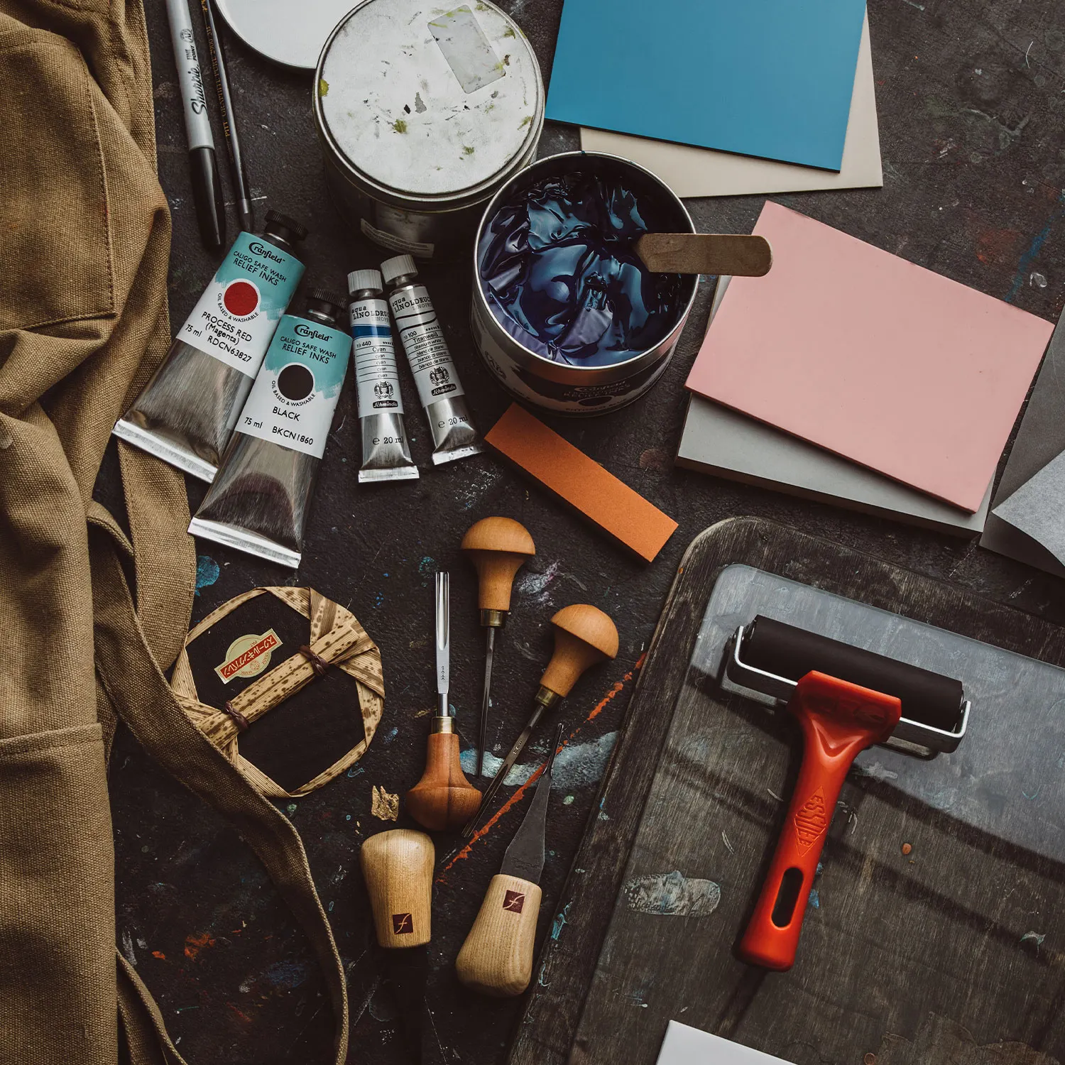 A Printmaker's studio, everything you need for Lino printmaking