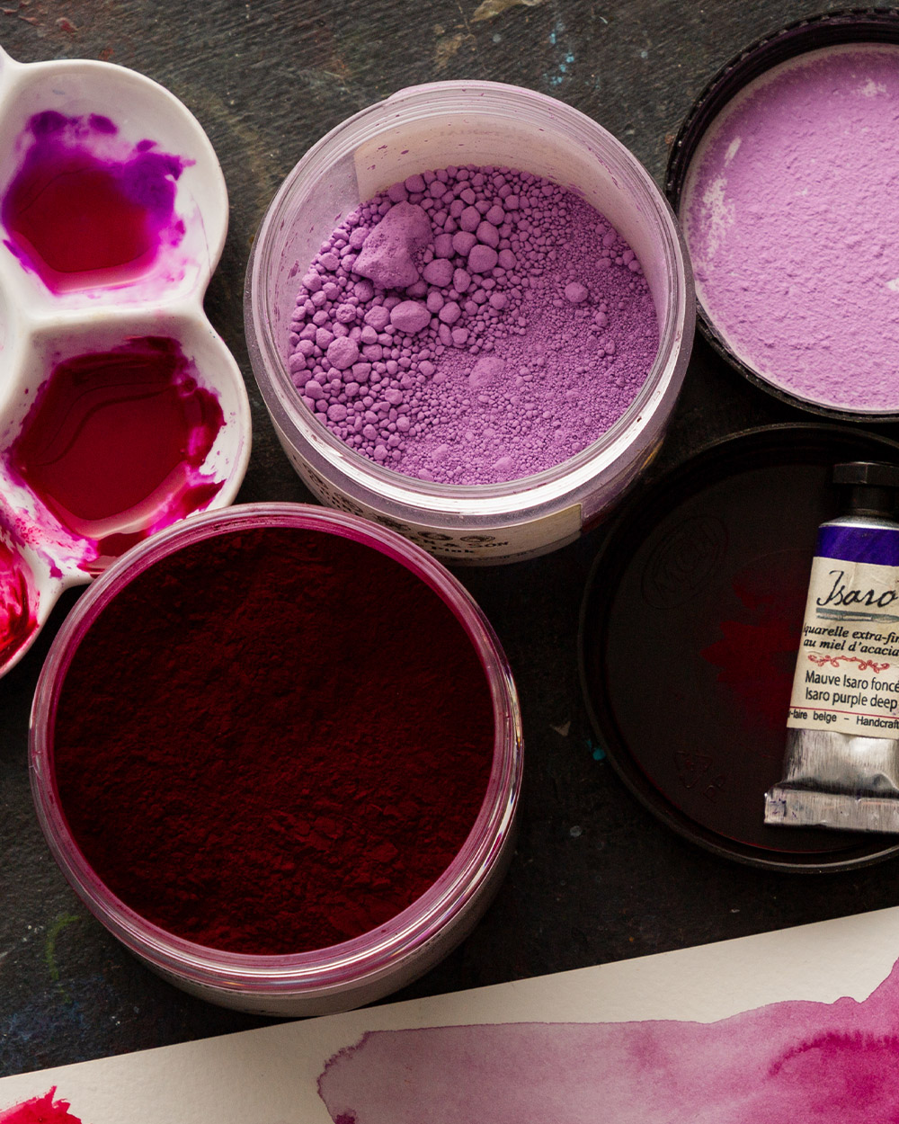 Pigment Colour Index: Violet Pigments, image of pigment jars open showing the pigment inside. | Jackson's Art Supplies
