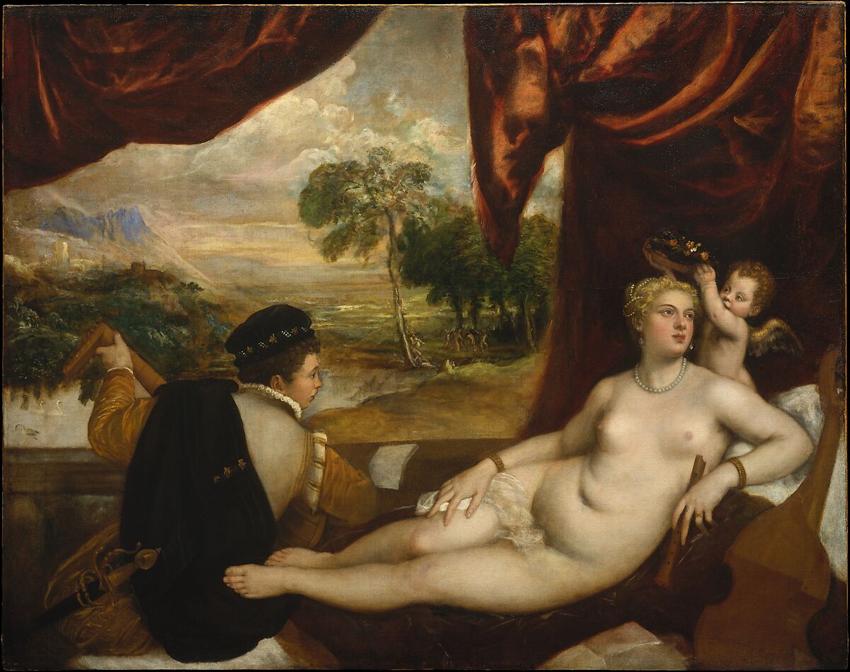 Venus and the Lute Player, Titian (Tiziano Vecellio), ca. 1565–70, Oil on canvas, 165.1 x 209.6 cm, 65 x 82 1/2 in, Munsey Fund, 1936, The Metropolitan Museum of Art