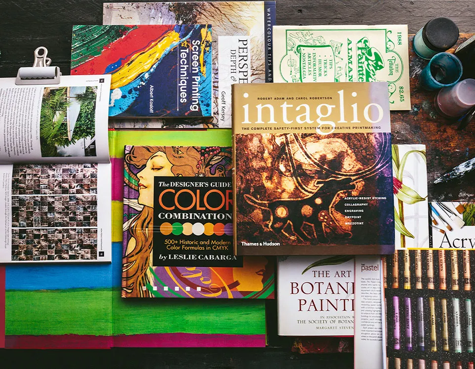 A selection of inspirational books on outdoor painting techniques such as how to capture light and the colours found in landscapes.