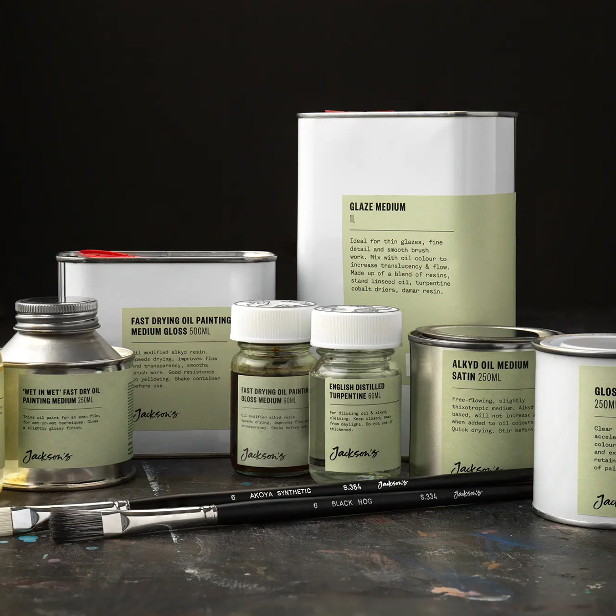 Jackson’s Oil Painting Mediums on a studio table