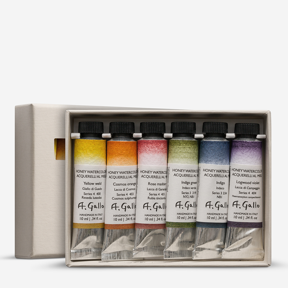A. Gallo Handmade Watercolour Paint Lake Pigments Tube Set on a grey background