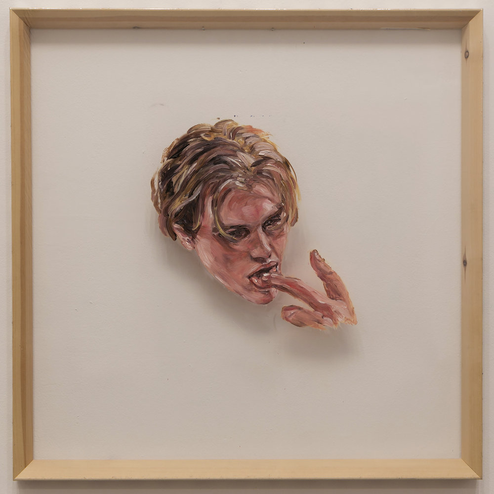 'I tried to explain licking the honey', Catherine Trowbridge, Oil on vinyl, with printed photographs cut-out and pasted on sides of wooden stretcher bars, 75 x 75 x 4 cm