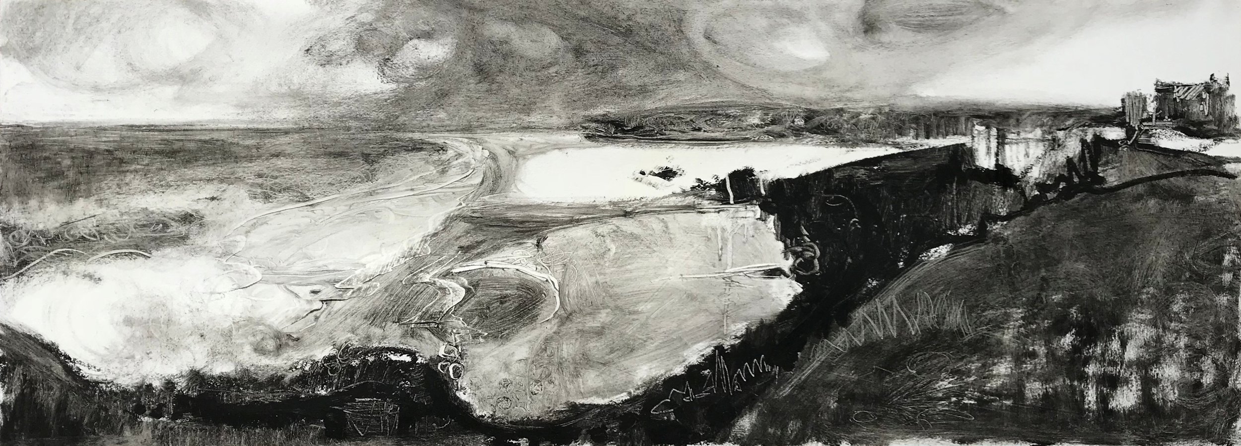 'Perranporth', Liane Stevenson, Black oil stick on varnished paper, 29 x 78 cm