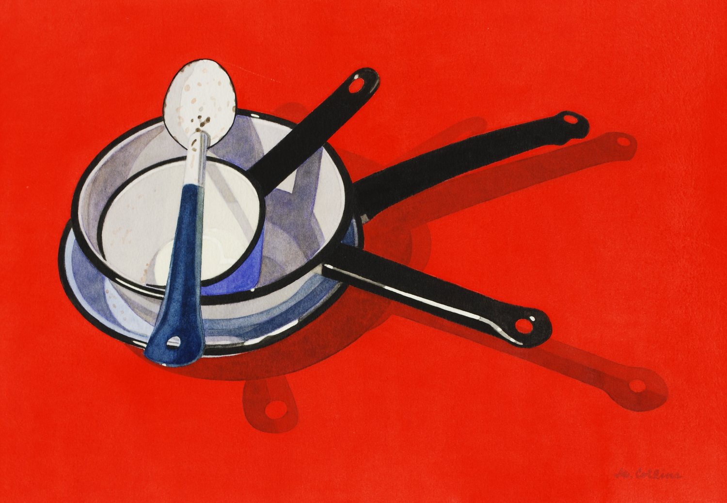 'Pots and Pan on Red', Marjorie Collins, Watercolour, 57 x 73 x 2 cm
