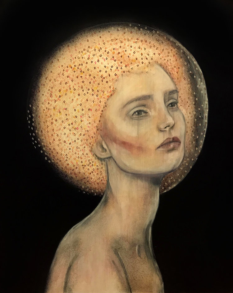 'The Sun is trying to Kill the Moon', Natalie Anatasiou, Acrylic and spray paint on canvas, 76 x 61 x 2 cm
