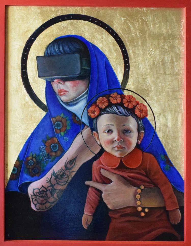 'Deíparas', Natasha Lelenco, Acrylic and gold leaf on canvas board, 90 x 70 x 4 cm
