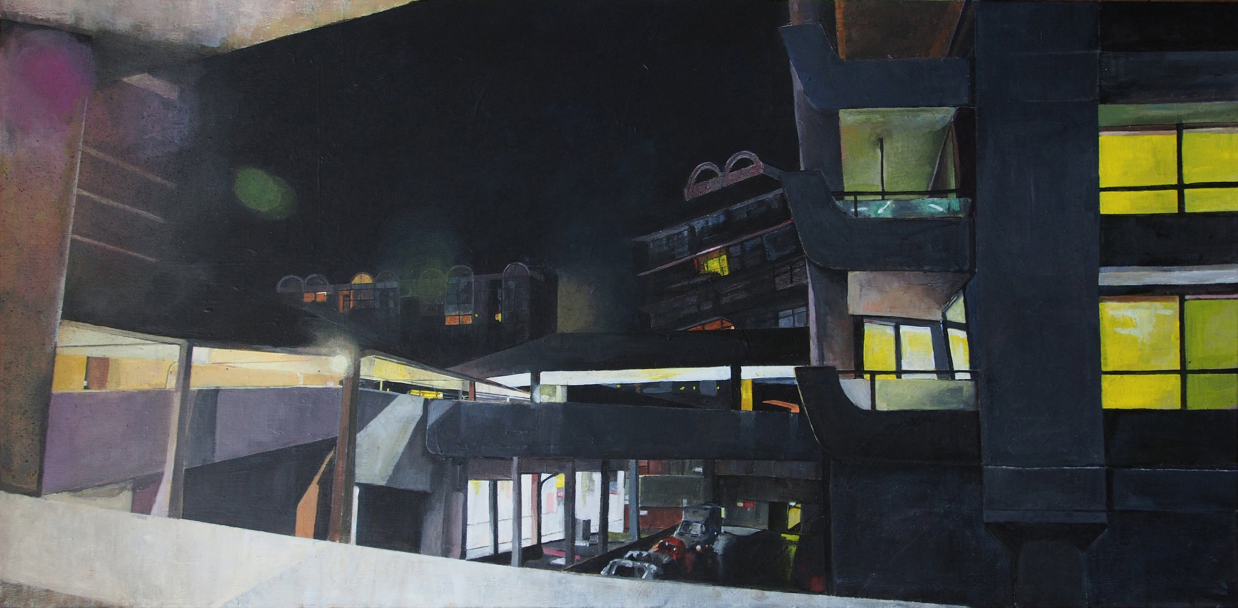 'Barbican (at night)', Victoria Dale, Acrylic on canvas, 50 x 100 x 3 cm