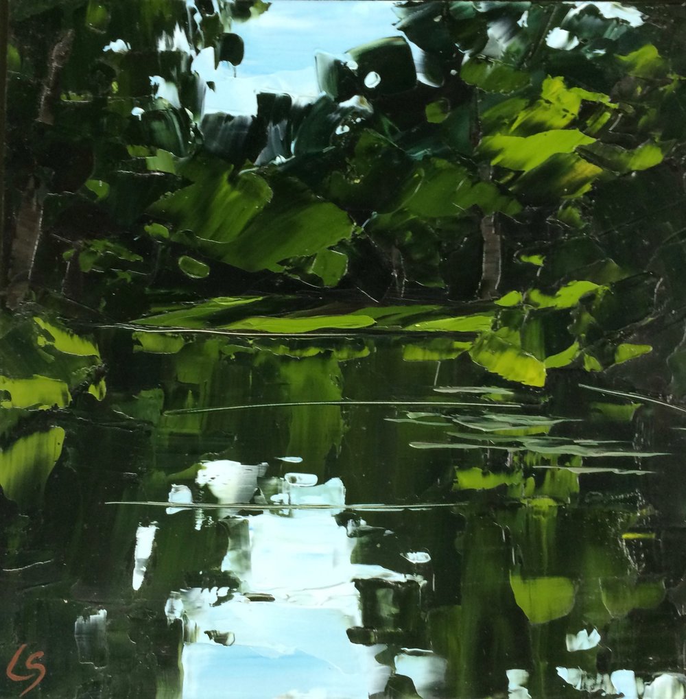 'Waterside', Lesley Skeates, Oil paint applied with palette knife on panel, 30.5 x 30.5 cm