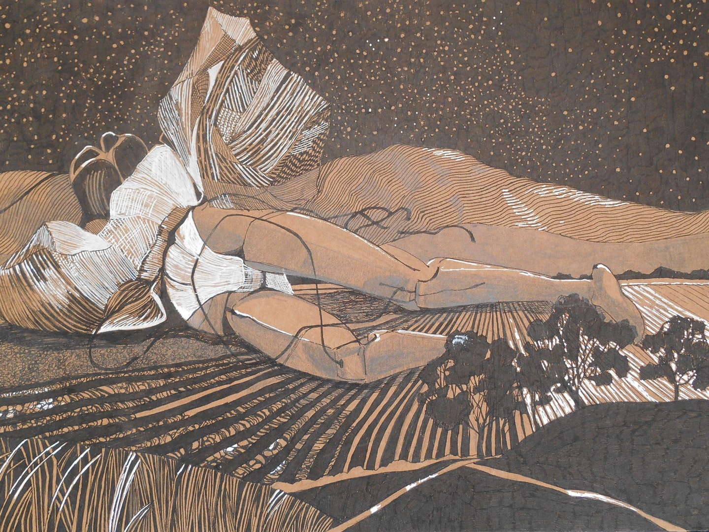 'The Strings That Broke', Elizabeth McCrimmon, Ink, pencil and white gel pen, 29.5 x 42 cm
