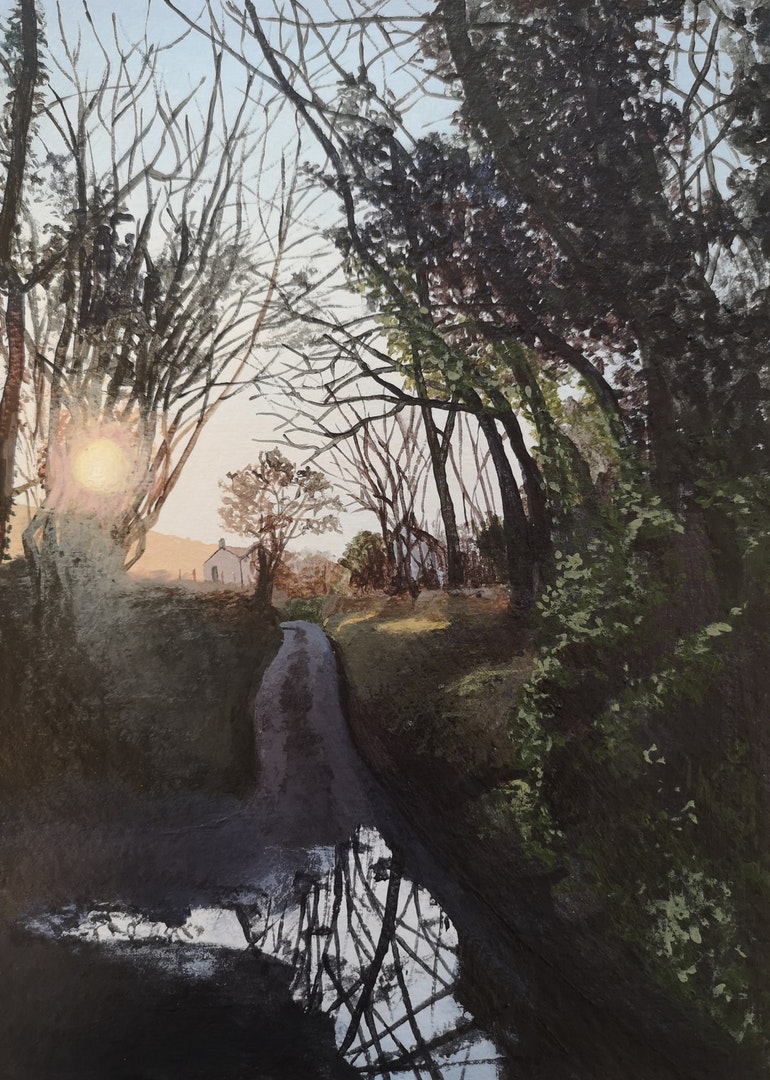 'Dusk on the Lane', Esther Jeanes, Acrylic on khadi paper, 21 x 15 cm