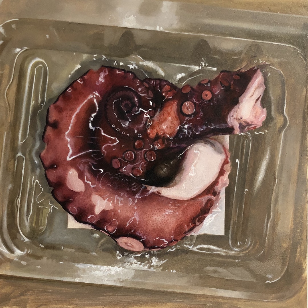 'Octopus in Plastic Still Life', Geoffrey Harrison, Oil on panel, 20 x 20 cm