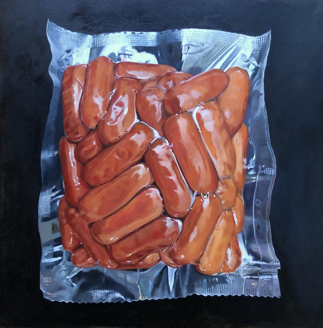 'Shrink-Wrapped Mystery Sausages', Geoffrey Harrison, Oil on panel, 20 x 20 cm